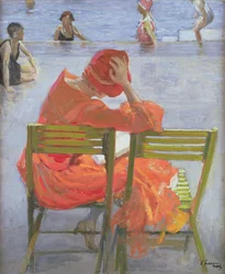 Ragazza in un vestito rosso che legge vicino a una piscina