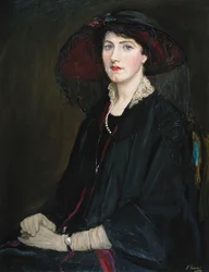 Ritratto di Lady Raeburn, seduta a mezzo busto, con giacca a colletto di pizzo, collana di perle e cappello nero