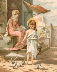 Gesù, da bambino, che gioca con le colombe