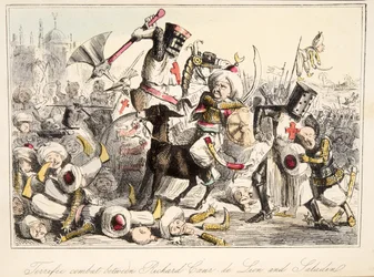 Terribile combattimento tra Riccardo Cuor di Leone e Saladino, da The Comic History of England, pub. 1864
