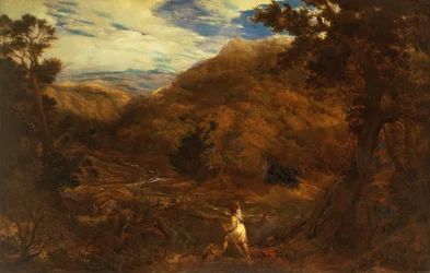 Un ampio paesaggio montuoso boscoso con Davide e il leone