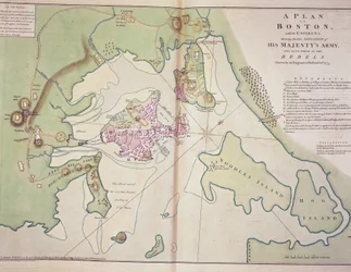 Piano di Boston e dei suoi dintorni che mostra la posizione delle forze britanniche e delle forze ribelli americane, disegnato ottobre 1775, stampato in 