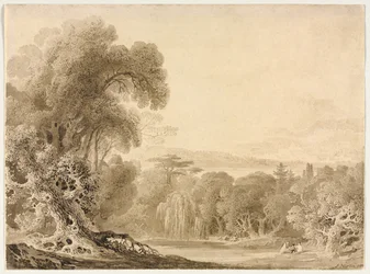 Figure sedute vicino a un lago in un paesaggio boscoso, 1820