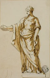 Figura femminile in piedi con il braccio destro alzato