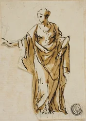 Figura femminile in piedi con la mano destra alzata