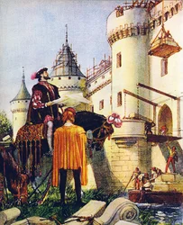 Re Francesco I di Francia, sovrintende alla costruzione di castelli (litografia a colori)