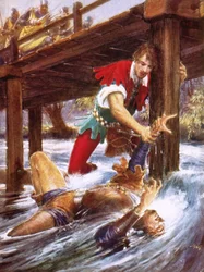 Robin Hood che salva Little John da un fiume