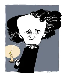 Edgar Allan Poe - caricatura, con in mano un bastone da candela