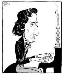 Frederic Chopin - caricatura del compositore e pianista polacco che suona il pianoforte