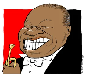 Louis Armstrong - caricatura, mentre suona la tromba