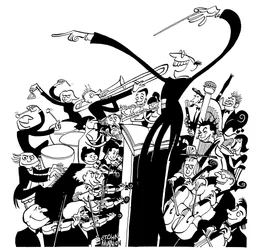 Orchestra e direttore - caricatura di John Minnion