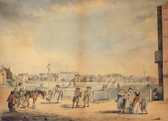 Brighton, con la biblioteca circolante di Miss Widgett, Marlborough House, il Castle Inn e le Assembly Rooms e il Marine Pavilion