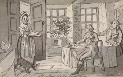 Figure Sedute a un Tavolo che Vengono Servite Cibo, Crockem Wells, Devonshire