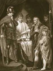 Baliol che consegna la sua corona a Edoardo I, incisione di J. Parker, illustrazione da 