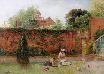 Un giardino recintato. Due giovani adolescenti stanno leggendo in un giardino maturo. Degli uccelli si avvicinano a loro. Dipinto di John Parker (1839-1915) Collezione privata