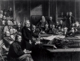 La Camera dei Comuni nel 1860: Lord Palmerston che si rivolge alla Camera durante il dibattito sul trattato con la Francia, inciso da Falkner, 1863