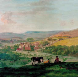Una vista del XVIII secolo di Haddon Hall con il villaggio di Bakewell sullo sfondo