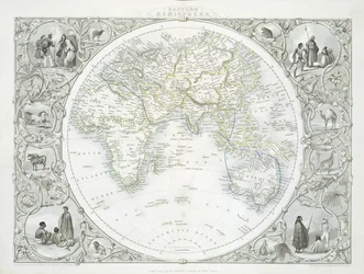 Emisfero orientale, da una serie di mappe del mondo pubblicata da John Tallis e Co., New York e Londra, anni 1850