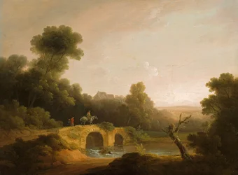 Paesaggio con figure che attraversano un ponte