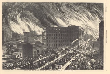 Chicago in fiamme - la corsa per la vita sul ponte di Randolph Street, illustrazione da Harper