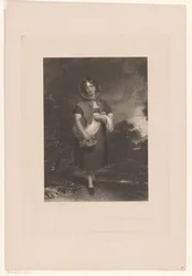 Giovane donna con cappuccio e un cesto in un paesaggio