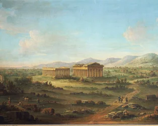 I due grandi templi di Paestum, Basilica a sinistra e Tempio di Nettuno o Poseidone a destra, di John Robert Cozens