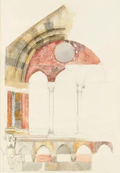Una finestra del Broletto, Como: schizzo rapido a colori, che mostra il metodo di intarsio dei marmi, agosto 1869?