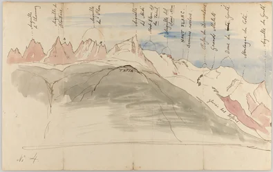 La catena del Monte Bianco dai pressi di Chamonix (recto); Schizzi della catena del Monte Bianco dalla Tapia sopra Chamonix, vista da Ginevra e dalla Dôle (verso)