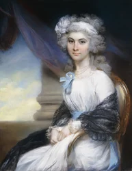 Ritratto della signorina Sophia Vansittart, a tre quarti, con abito bianco, nastro bianco attorno ai capelli incipriati e scialle nero drappeggiato sulle spalle, seduta accanto a una colonna classica