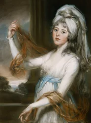 Ritratto di Sarah, moglie di Walker King, vescovo di Rochester, a tre quarti, in un vestito bianco con una fascia blu