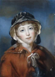 Ritratto di una ragazza, busto, con mantello rosso legato con un fiocco e cappello nero