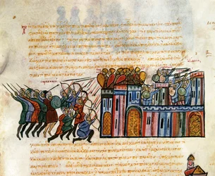 Attacco a una roccaforte, miniatura da "Synopsis historiarum", c.1126-1150