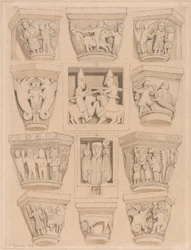 Capitelli e bassorilievi A & B nella chiesa abbaziale di Saint Georges de Bocherville, vicino a Rouen, Normandia