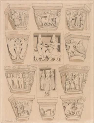 Capitelli e Bassorilievi A & B nella Chiesa Abbaziale di Saint Georges de Bocherville, vicino a Rouen, Normandia