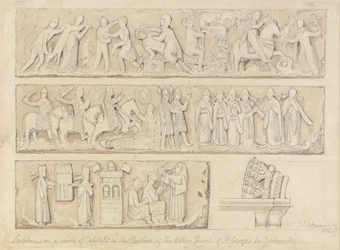 Scultura su una suite di capitelli nel chiostro della chiesa abbaziale di Saint Georges de Bocherville, vicino a Rouen, in Normandia