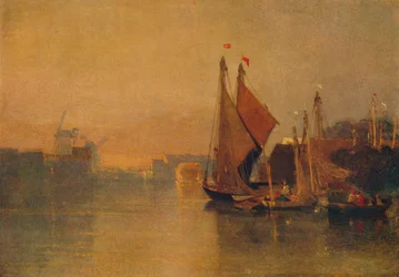 Vista dal ponte di Yarmouth, Norfolk, verso Breydon, subito dopo il tramonto, c1823
