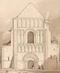 Fronte ovest della chiesa di Oyestraham [Ouistreham], vicino a Caen, Normandia