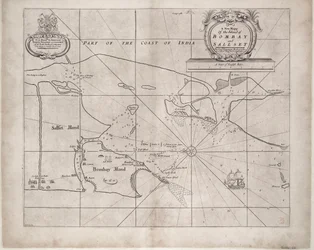 Mappa di Bombay e Sallset di Samuel Thornton, idrografo della Compagnia delle Indie Orientali, pubblicata per la prima volta circa 1685