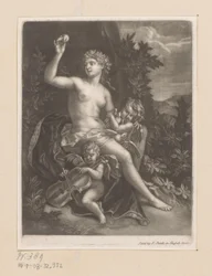 Venere con una mela e due cupidi con violino e colombe