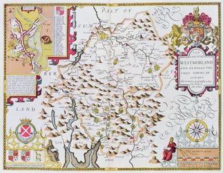 La contea di Westmorland, inciso da Jodocus Hondius (1563-1612) dal Theatre of the Empire of Great Britain di John Speed, pub. da John Sudbury e George Humble, 1611-12