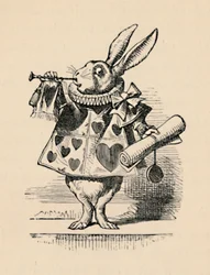 Un coniglio come ufficiale di corte che suona una tromba per un annuncio, 1889