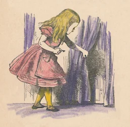 Alice che guarda una piccola porta dietro una tenda, 1889