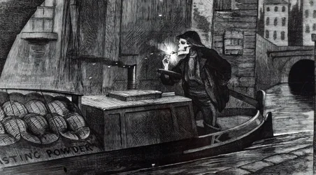 Cartone animato di John Tenniel che suggerisce al Parlamento di introdurre regolamenti di sicurezza per la gestione e il trasporto di esplosivi dopo la distruzione di una chiatta che trasportava polvere da sparo sul Regent