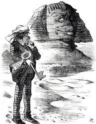 Cartone animato che raffigura il Primo Ministro Benjamin Disraeli che tiene il Canale di Suez come chiave per il possesso e l