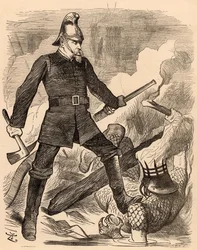 Eyre Massey Shaw che combatte il fuoco, da "Punch" Londra, 20 agosto 1887