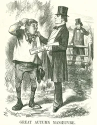 Grande manovra autunnale: Gladstone pensava che alla fine il voto dovesse essere dato ai lavoratori agricoli (Hodge). In quel momento il suo primo ministro era instabile e Disraeli aspettava di prendere il suo posto. Caricatura di John Tenniel da Punch, Lo
