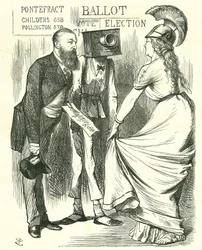 Hugh Childers (1827-1896) parlamentare britannico, che racconta a Britannia del successo della nuova urna elettorale. Caricatura di John Tenniel da 