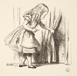 Guardando dietro la tenda, da Le avventure di Alice nel Paese delle Meraviglie di Lewis Carroll, pub. 1891