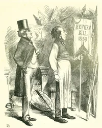 Economia Politica: Riforma del Parlamento - estensione del diritto di voto. Disraeli (Cancelliere) e Derby (Primo Ministro) spolverano il Reform Bill. Nel 1867 Disraeli introdusse un nuovo disegno di legge. Vignetta di John Tenniel da Punch, Londra