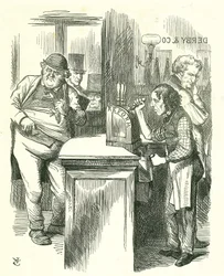 Il ragazzo onesto: Riforma del Parlamento - estensione del diritto di voto. Disraeli serve la Riforma a John Bull osservato dalla sua opposizione parlamentare. Ha introdotto e portato avanti il suo disegno di legge sulla riforma. Vignetta di Tenniel da Pun
